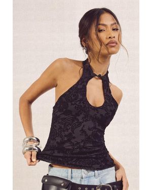 Boohoo Keyhole Devore Trim Halterneck Top - Black