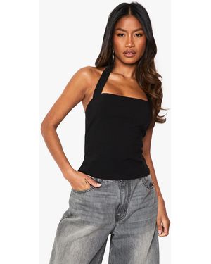 Boohoo Bengaline Halter Square Neck Top - Black
