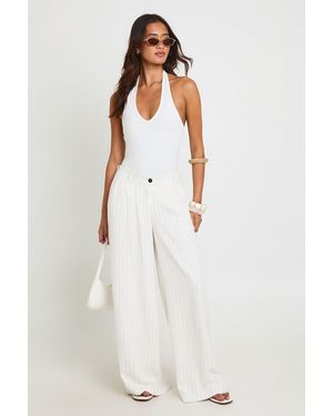 Boohoo Stripe Linen Look Pleated Wide Leg Tailored Trousers - White