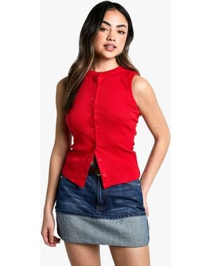 Boohoo Ribbed Button Front Longline Top - Red