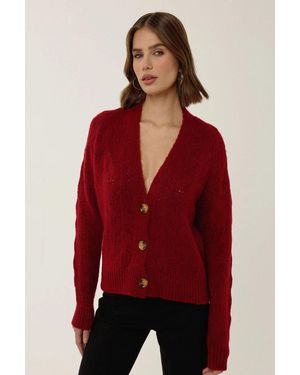 Hiccup V-Neck Relaxed Fit Knit Cardigan - Red