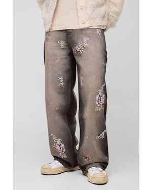 BoohooMAN Baggy Rigid Floral Embroidered Jeans - Brown