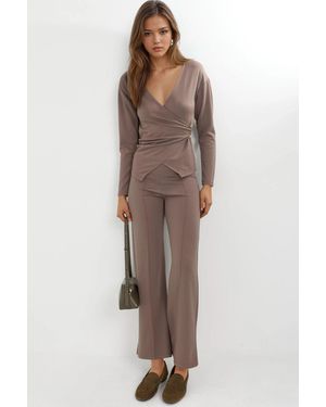 Hiccup Accessory Detail Blouse & Trousers Two-Piece Set - Brown