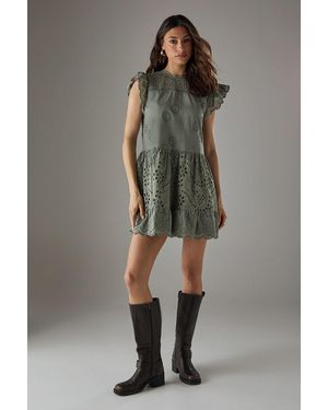 Warehouse Broderie Mix Tier Mini Smock Dress - Grey