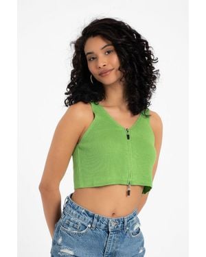 Hiccup V Neck Knitted Ribbed Zippered Crop Top - Green