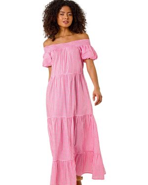 D.u.s.k Gingham Bardot Tiered Maxi Dress - Pink