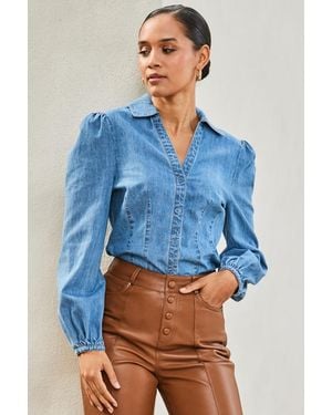 Sosandar Mid Denim Balloon Sleeve Shirt - Blue