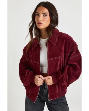 Boohoo Petite Faux Suede Contrast Stitch Bomber Jacket - Red