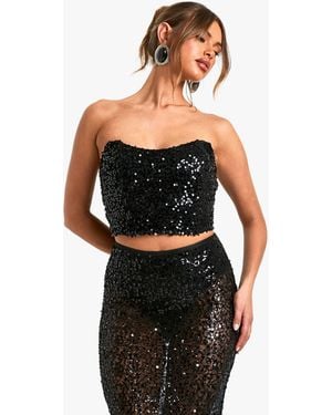 Boohoo Sequin Strapless Longline Corset - Black