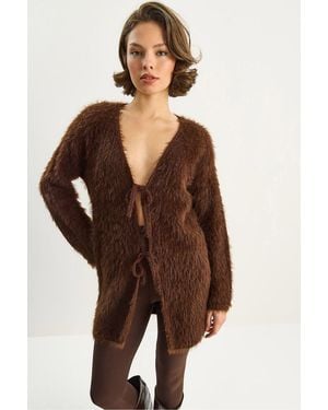 Bianco Lucci Textured V-Neck Midi Cardigan With Tie Closure - Brown