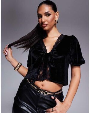 ASOS Lace Trim Velvet Tie Front Puff Sleeve Blouse - Black
