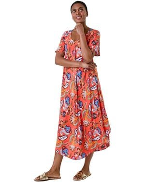 Roman Paisley Print Midi T-Shirt Dress - Red