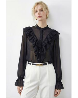 Bianco Lucci Frilly Mandarin Collar Long Sleeve Chiffon Shirt - Black