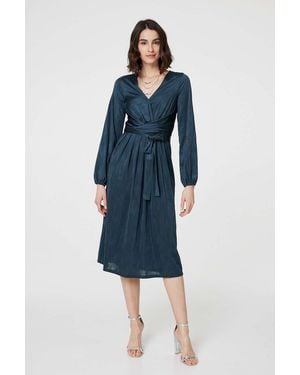 Izabel London Ruched Long Sleeve Midi Wrap Dress - Blue