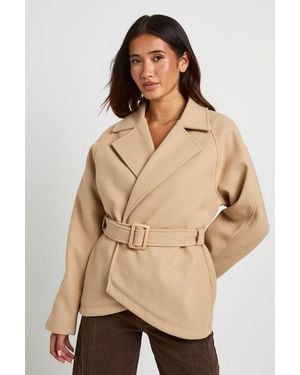 Boohoo Belted Wool Look Coat - Natural