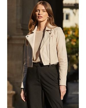 Sosandar Ecru Cropped Leather Biker Jacket - Black