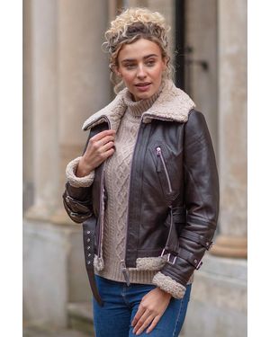 Ashwood Leather '2420' Ladies Aviator Jacket With Oversized Fur Collar - Brown