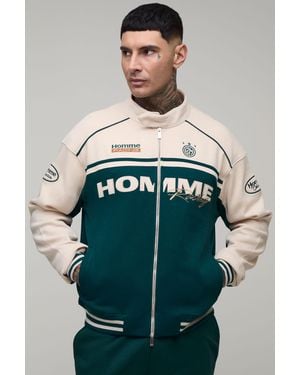 BoohooMAN Tall Boxy Fit Biker Collared Colour Block Moto Jersey Jacket - Blue