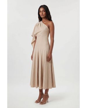 Karen Millen Petite Premium Tailored Linen High Neck One Shoulder Full Midi Dress - Natural