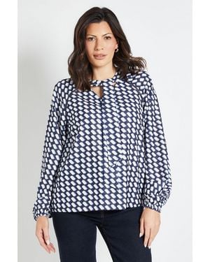 Wallis Geo Print Woven Tie Neck Overhead Shirt - Blue