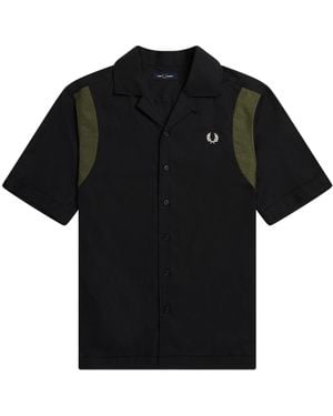 Fred Perry Panelled Short Sleeve Bowling Shirt Cotton - Black