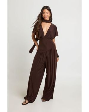 Boohoo Slinky Angel Sleeve Wide Leg Jumpsuit - Brown