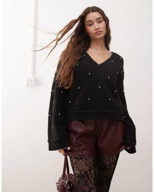 Miss Selfridge Diamond Pattern Embellished Wide Sleeve Jumper - Black