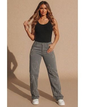 Femme Luxe Straight Wide Leg Distressed Cross Patch Denim Jeans - Brown