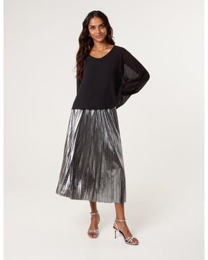 Blue Vanilla Metallic Pleated Tulle Skirt - Grey