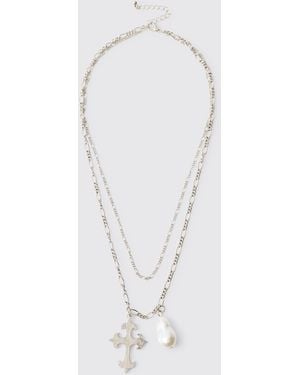BoohooMAN Cross And Gem Layered Necklace - White