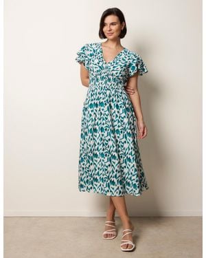 Blue Vanilla Printed V Neck Frill Sleeve Midi Dress - Blue