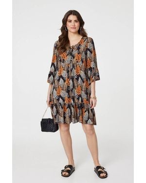 Izabel London Leaf Print Knee Length Relaxed Dress - Black