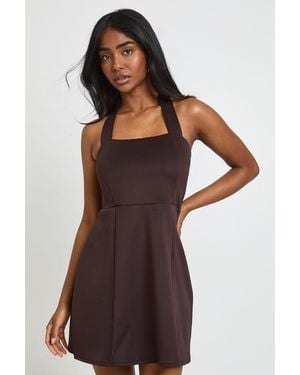 boohoo tie neck chain print skater dress boohoo Women's Tall Satin Structured Square Neck Skater Dress in Black