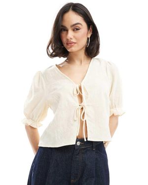 Pieces Jaquard Detail Tie Front Puff Sleeve Top - White