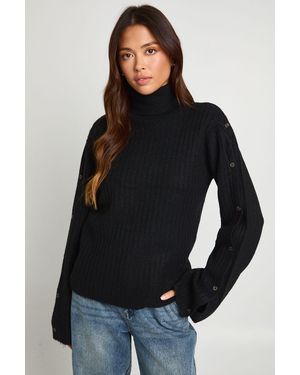 Boohoo Super Soft Button Sleeve Detail High Neck Knitted Jumper - Black
