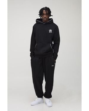 BoohooMAN Tall Regular B Embroidered Piped Hoodie & Oversized Jogger Tracksuit - Blue