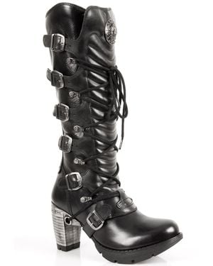New Rock Ladies Buckle Laced Knee-High Boots- Tr004-S1 - Black