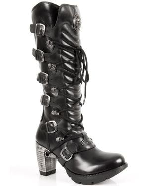 New Rock Ladies Buckle Laced Knee-High Boots- Tr004-S1 - Black