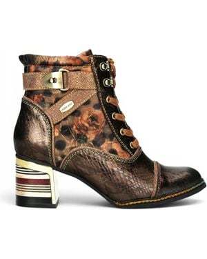 Laura Vita Victorian Floral Leather Lace-Up Ankle Boots - Brown