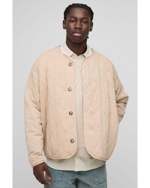 BoohooMAN Oversized Washed Twill Quilted Collarless Bomber Jacket - Natural