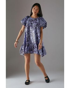 Warehouse Petite Organza Puff Sleeve Swing Mini Dress - Grey