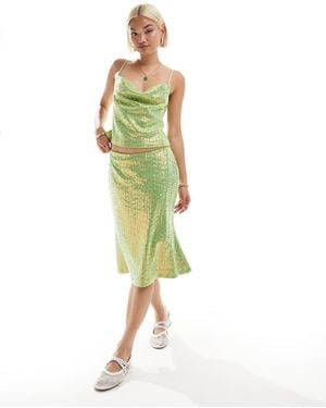 Labelrail X Olivia Grace Herring Sequin Flippy Knee Length Midi Skirt Co-Ord - Green