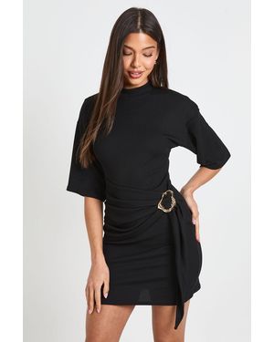 Boohoo Ribbed High Neck Belted Dress - Black