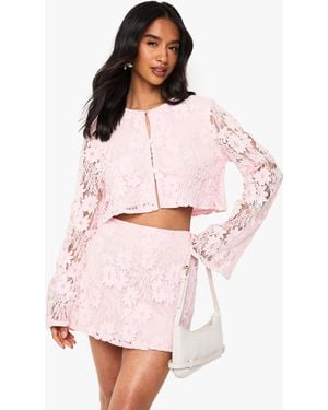 Boohoo Petite Crochet Long Sleeve And Mini Skirt Co Ord - Pink