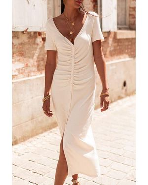 Azura Exchange V Neck Ruched Button Front French T-Shirt Dress Viscose - Natural