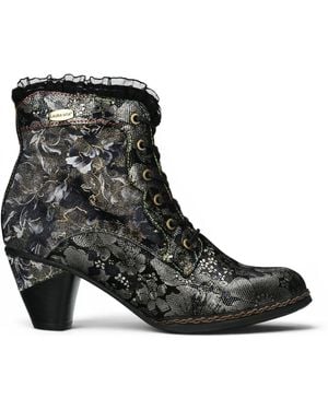 Laura Vita Floral Goth Victorian Leather Heeled Ankle Boots - Black
