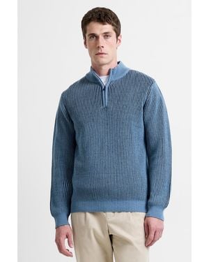 French Connection Cotton Wool Blend Ribbed Knit ¼ Zip High Neck Jumper - Blue