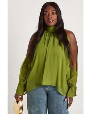 Boohoo Plus Chiffon Halterneck Long Sleeve Draped Blouse - Green