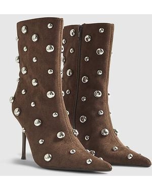 River Island Ankle Boots Faux Suede Studded Heeled - Brown