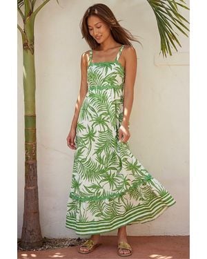 Roman Leaf Print Ric Rac Maxi Dress - Green